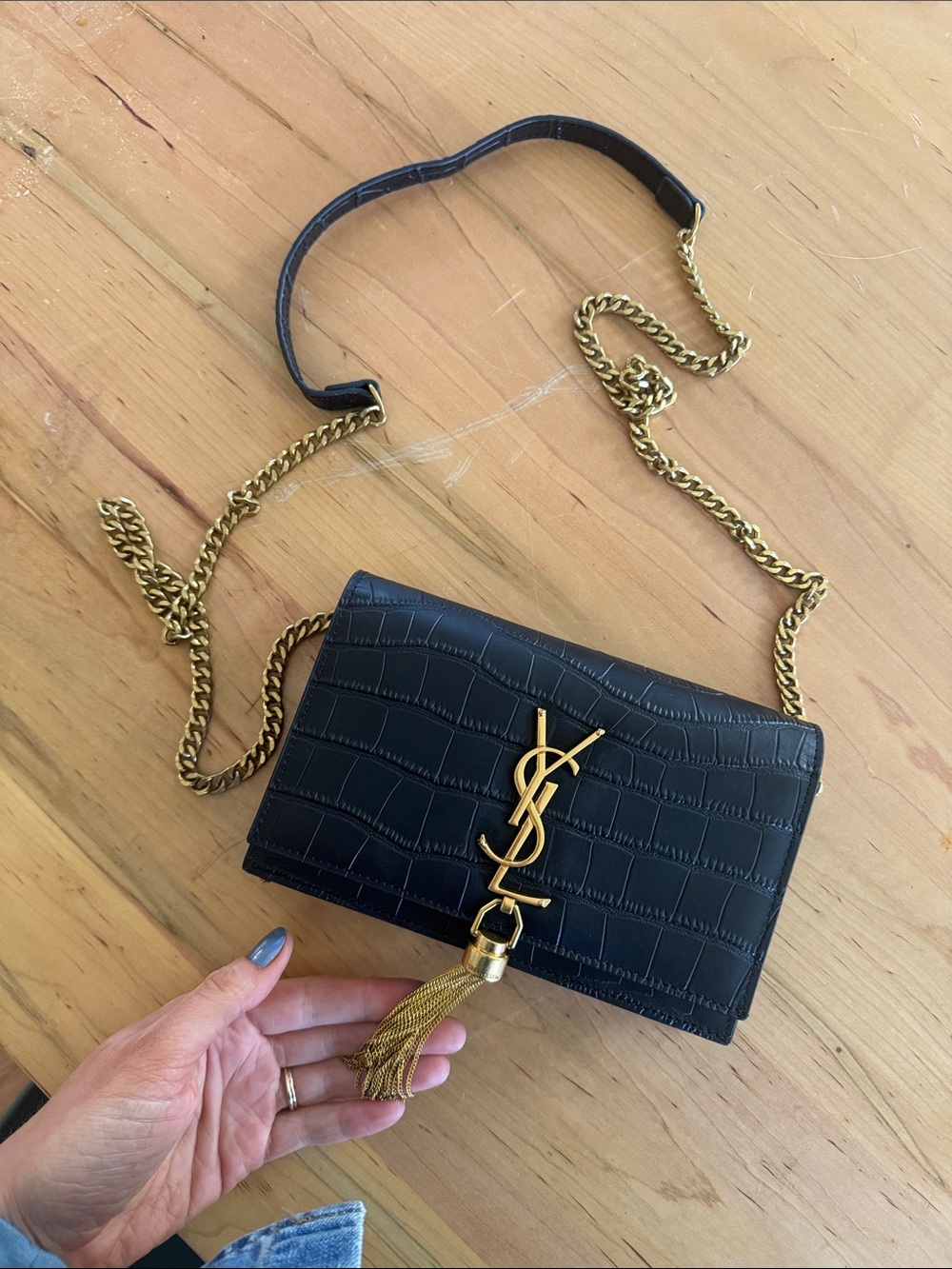 Saint Laurent Black Croc-Embossed Kate Chain Tassel Crossbody Bag